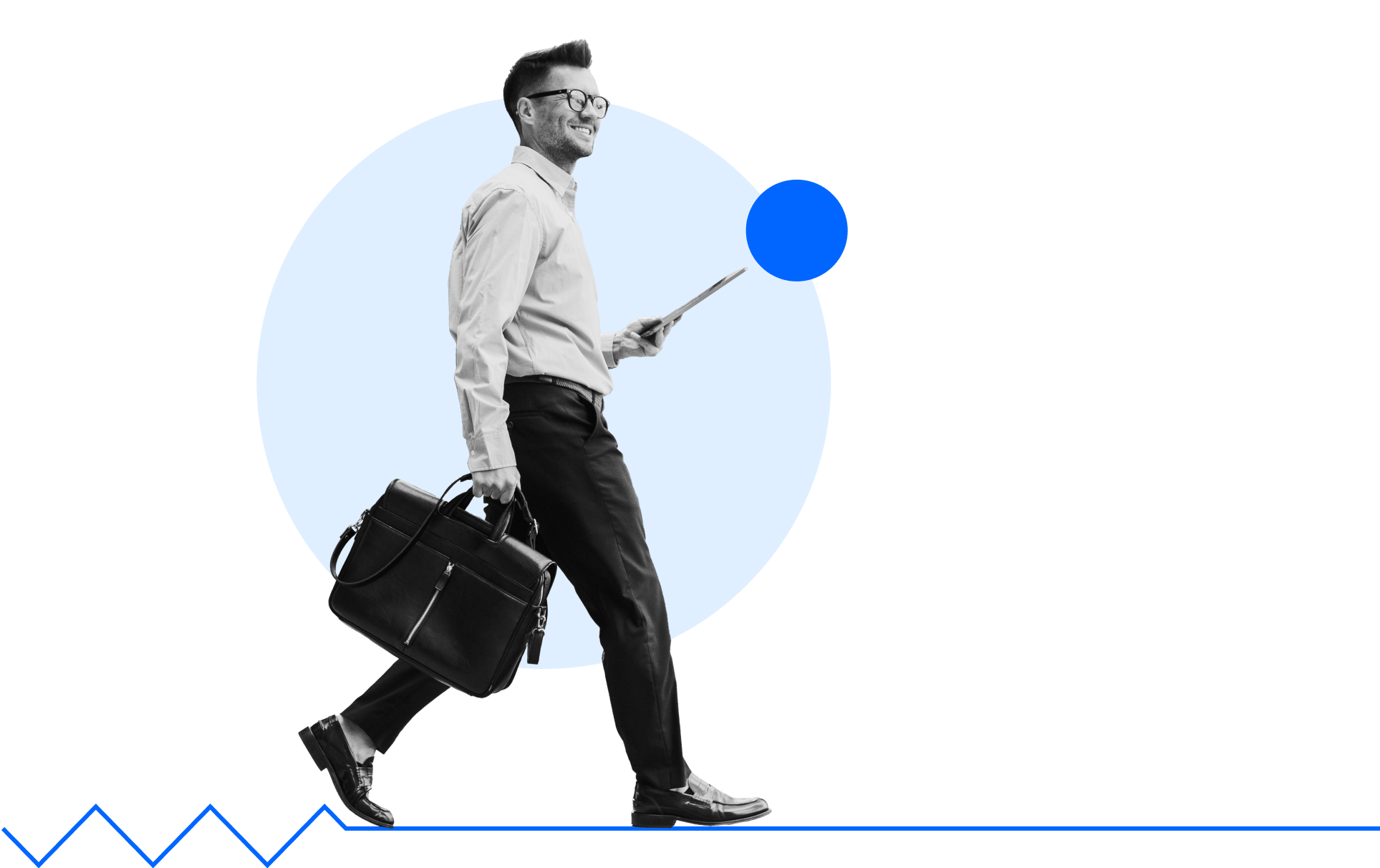 A smiling man in business attire walks while holding a tablet and a briefcase, with a light blue circle and a smaller blue dot behind him on a black background. Blue zigzag lines appear at the bottom left.