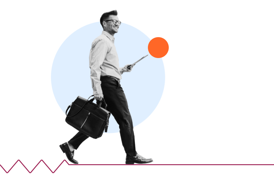 A man in business attire walks confidently, holding a briefcase and a tablet. There is a large blue circle and an orange dot in the background, with a pink zigzag line at the bottom.