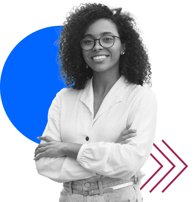 Smiling woman with curly hair and glasses, wearing a white blouse and high-waisted pants, stands with arms crossed. Blue circle and pink arrows are in the background.