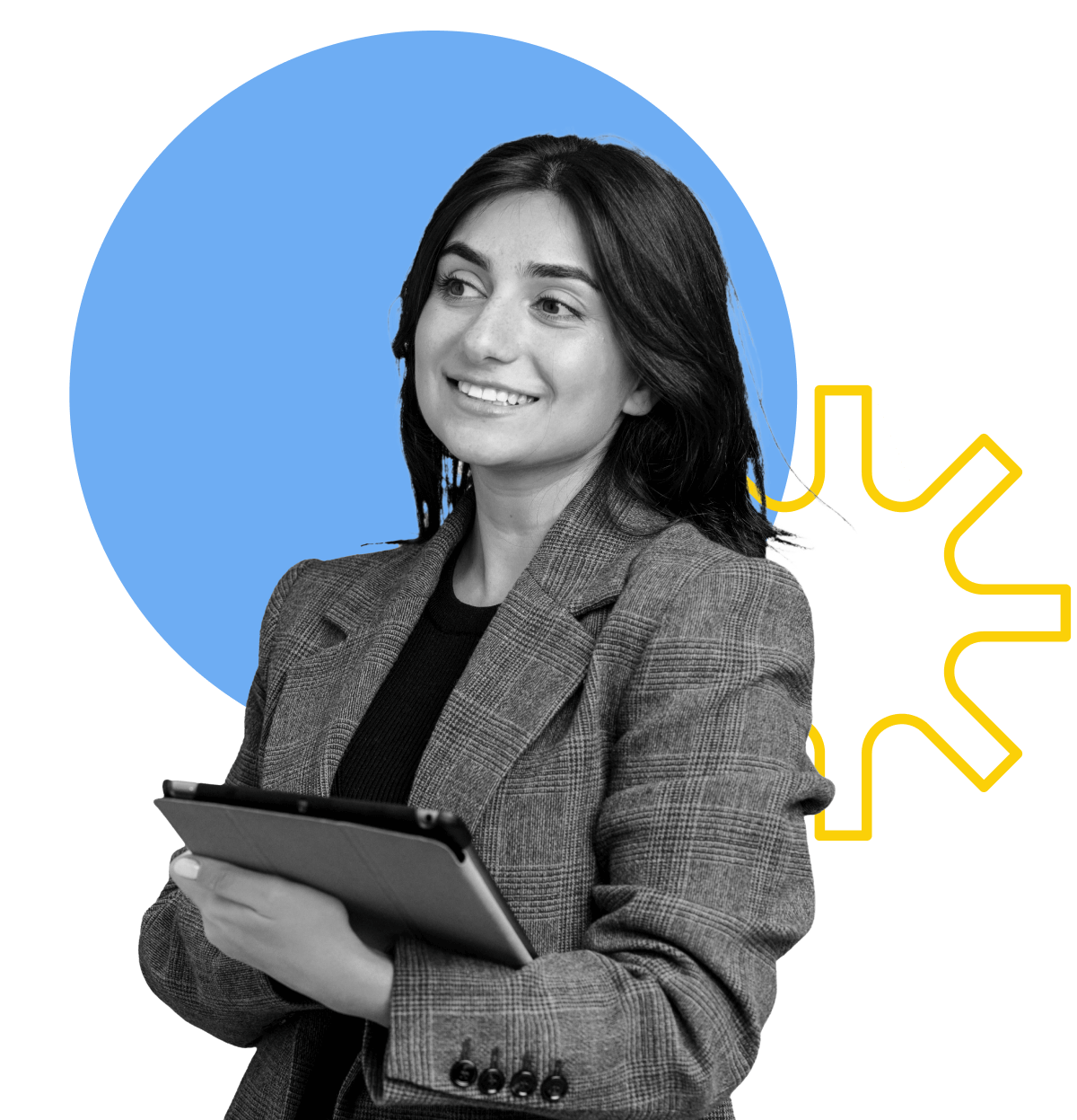 A woman in a blazer holding a tablet smiles while looking to the side. Behind her is a large blue circle and a yellow abstract shape on a plain background.