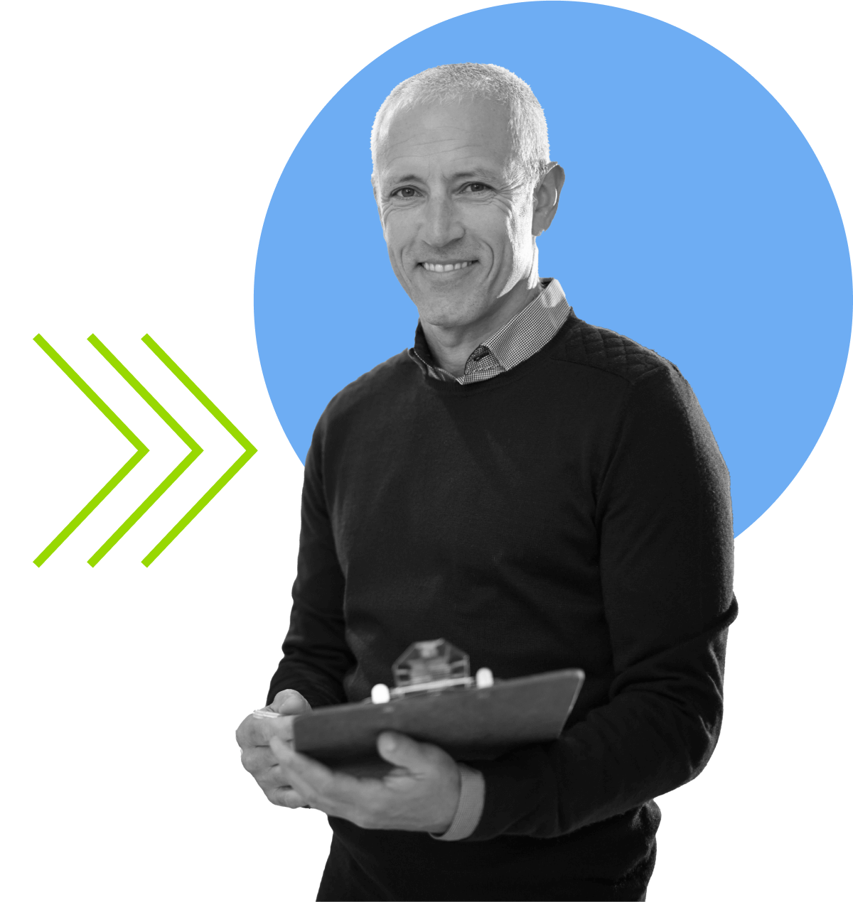 A smiling man with short gray hair holds a clipboard, standing in front of a blue circle with two green arrows pointing to the left.