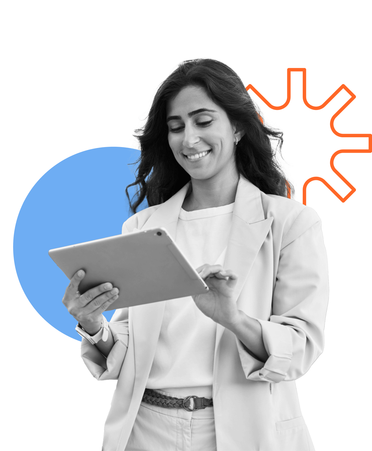 A woman in a light-colored suit smiles while using a tablet. Behind her are simple graphic shapes: a blue circle and an orange abstract sunburst design on a black background.