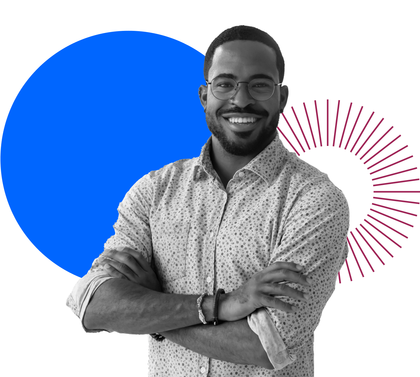 A smiling man with glasses and a patterned shirt stands with arms crossed. Behind him are a large blue circle and a pink radiating sunburst design on a black background.