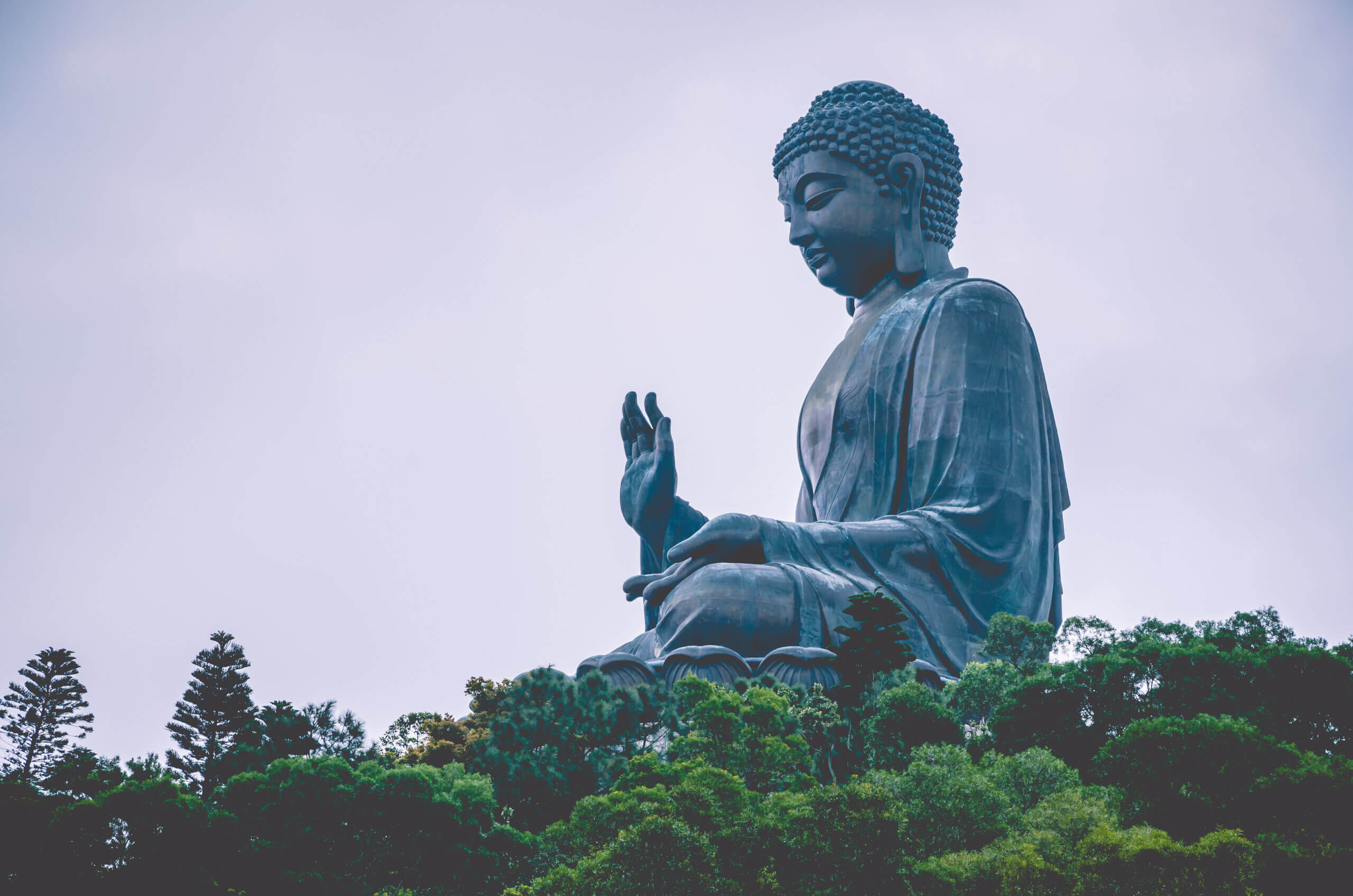 A large outdoor statue of Buddha sits peacefully atop a hill, surrounded by green trees, with a cloudy sky in the background. The Buddha is seated with one hand raised in a gesture of blessing.