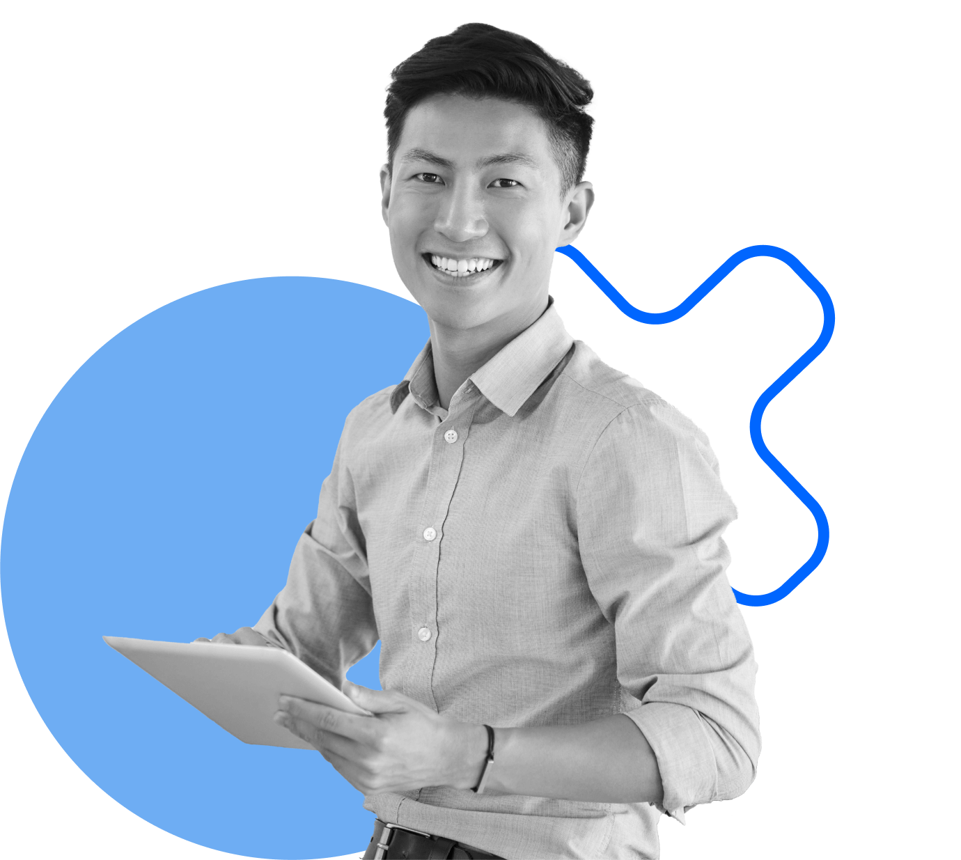 A smiling person in a button-up shirt holds a tablet. The image is in black and white, with blue abstract shapes in the background.