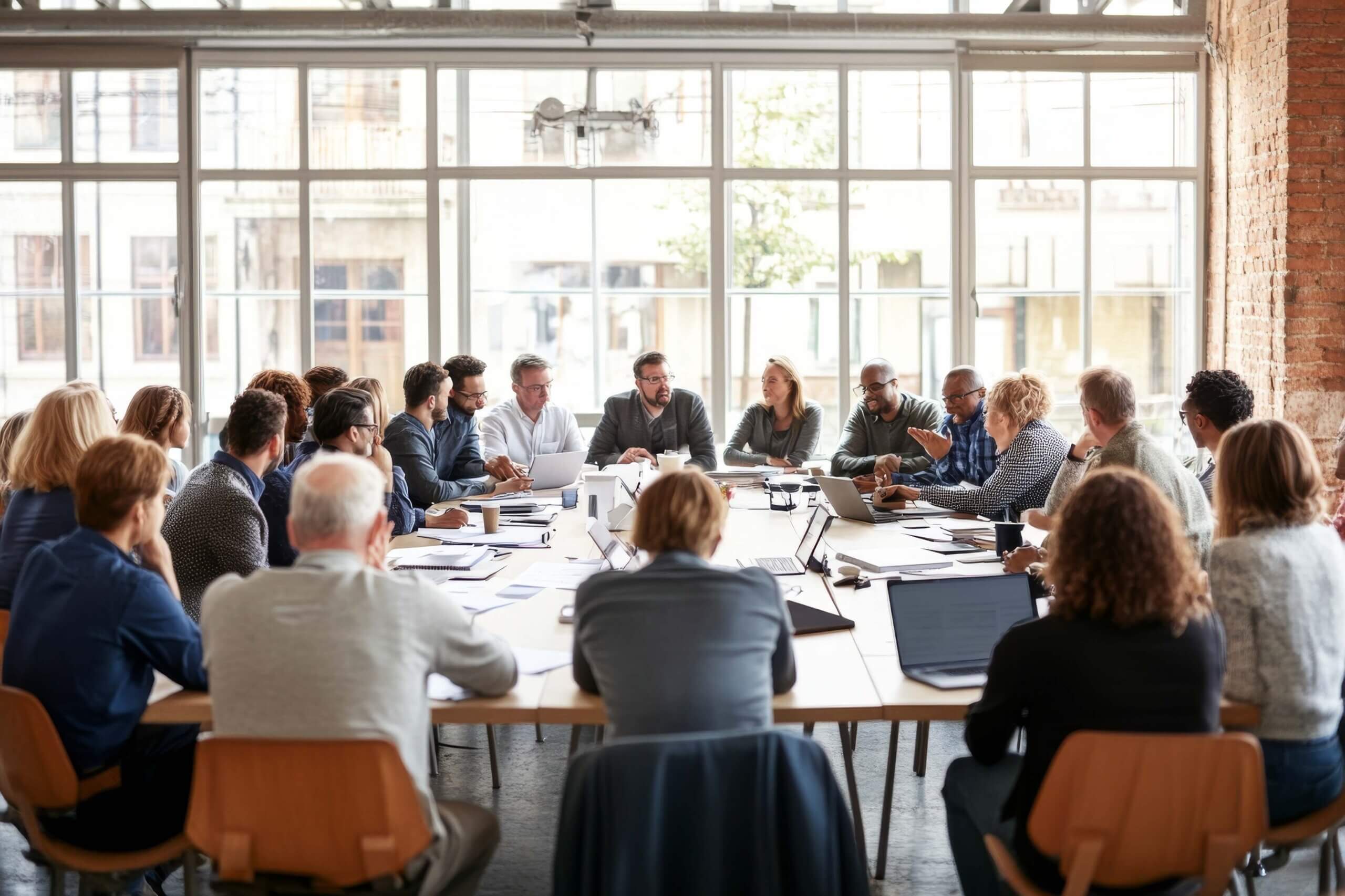 A large group of people sit around a long conference table in a modern office with large windows, engaged in a meeting with papers, laptops, and documents in front of them.