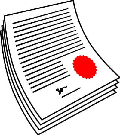 A stack of papers with horizontal lines, a red seal, and a signature at the bottom of the top sheet, representing an official document or certificate.