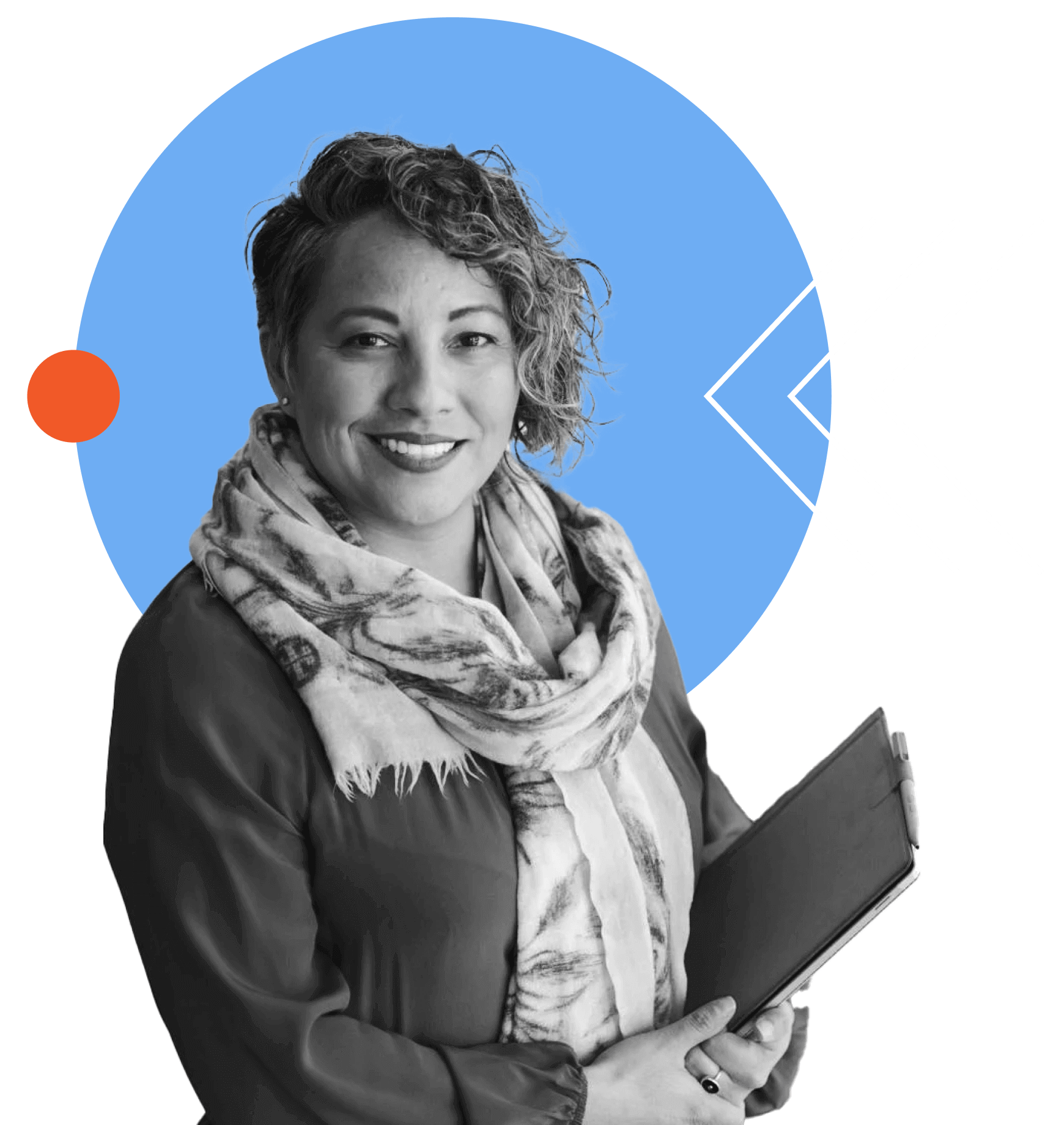 A smiling person with short curly hair and a scarf holds a closed tablet. The background features a blue circle, an orange dot, and white geometric lines.