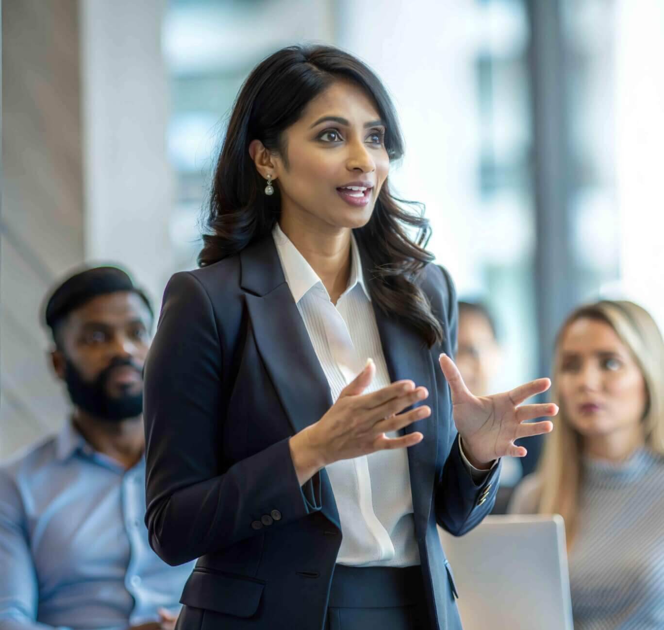 A woman in a business suit speaks confidently in a meeting room, gesturing with her hands. Seated colleagues listen attentively in the background, with bright windows bringing in natural light.