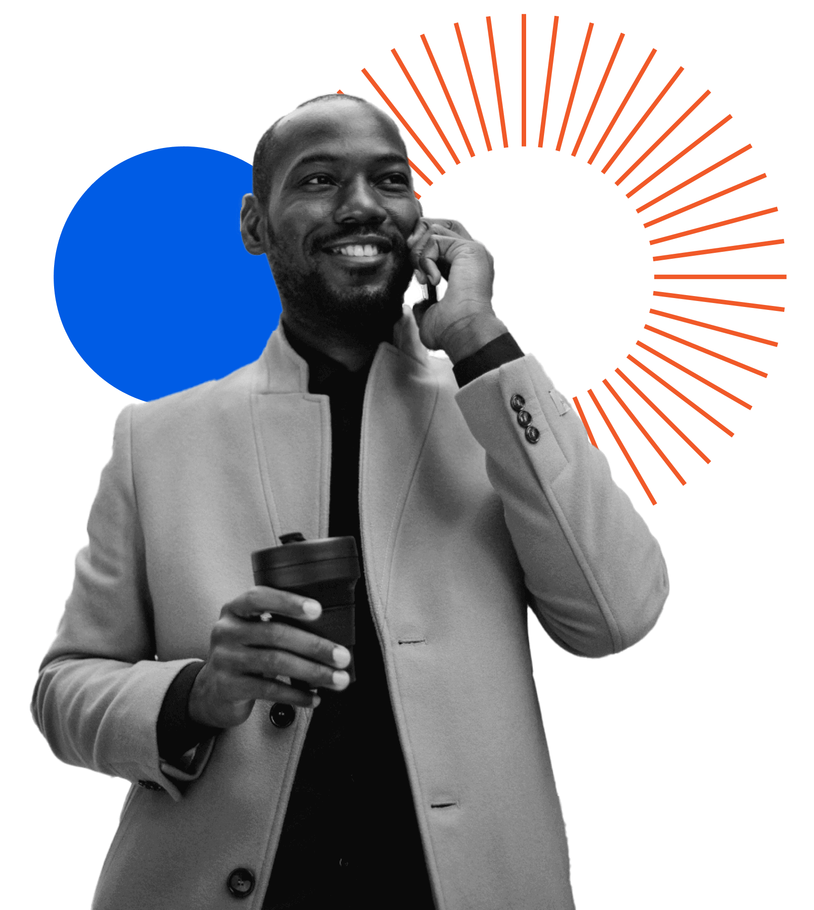 A smiling man in a light coat holds a coffee cup and talks on his phone, with blue and orange geometric shapes in the background.